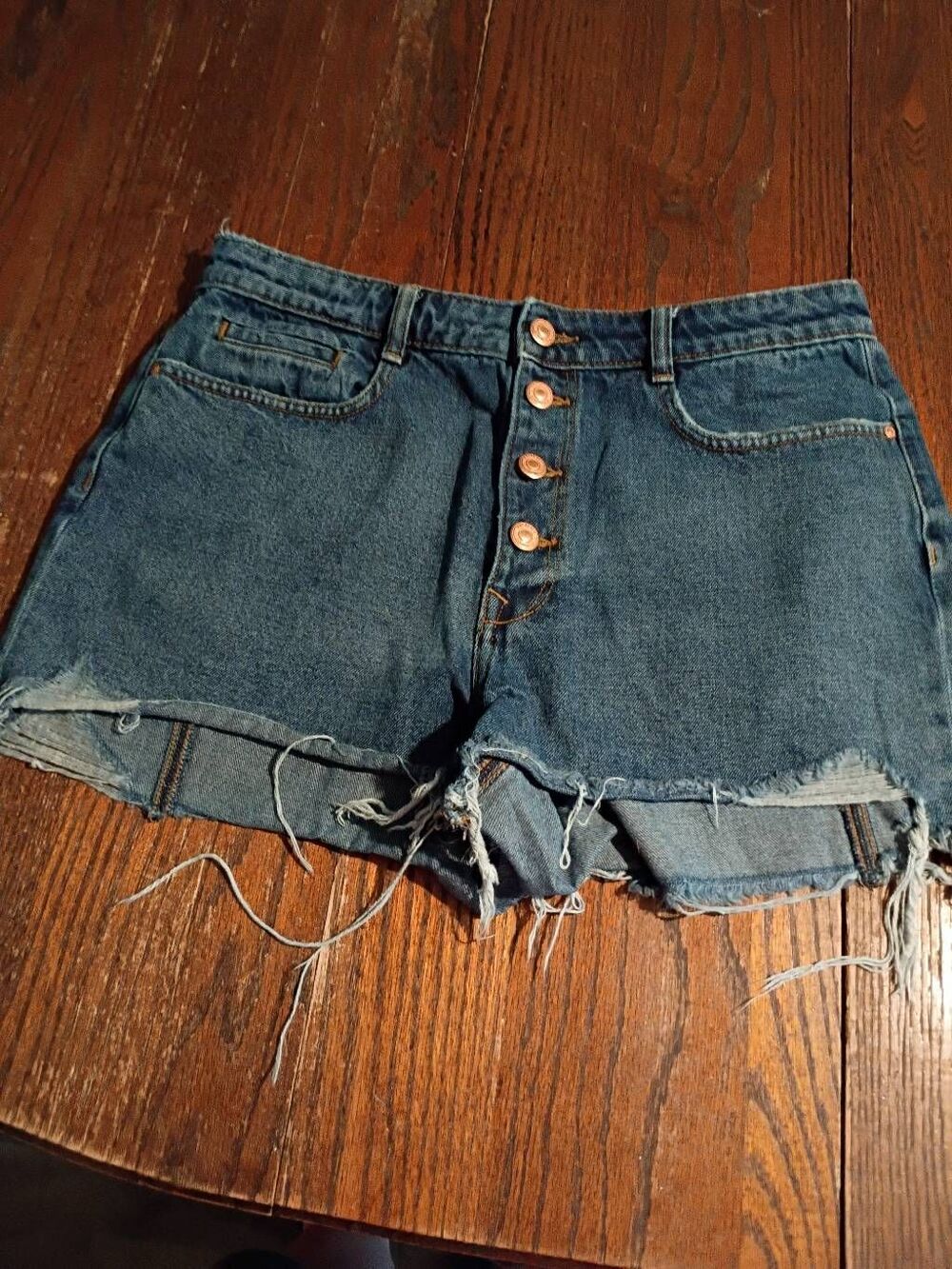 Size 10 Zara Button Fly Raw Hem Cut Off Denim Blue Jean Shorts Casual Pockets